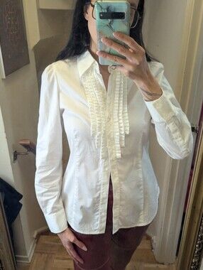 EUC Anne Klein ruffle bib front blouse Y2K sz6 white stretch cotton